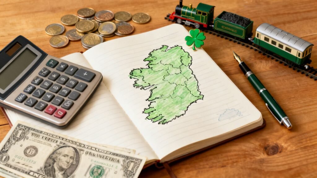 How much would a trip to Ireland cost? A budget planning desk with a notebook map of Ireland, calculator, coins, cash, and a toy train.