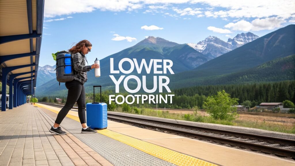 Traveler with a backpack, reusable water bottle, and suitcase at a mountain train station, illustrating how to lower your ecological footprint through sustainable travel.