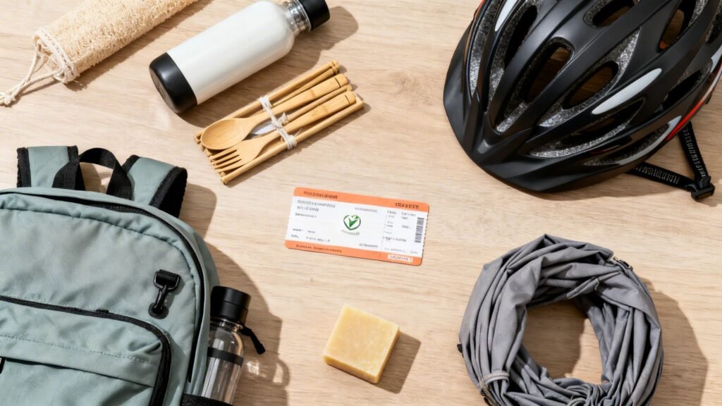 How to reduce ecological footprint with reusable travel essentials: water bottle, bamboo cutlery, soap bar, and backpack.