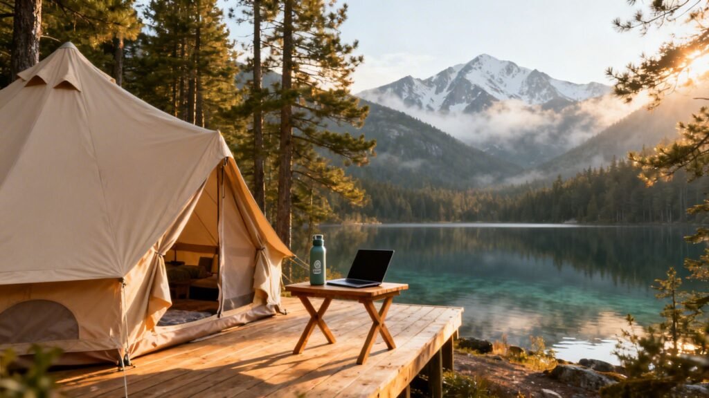 Lakeside glamping tent with a laptop on a wooden deck at Huttopia White Mountains, overlooking a calm lake and snowcapped peaks at sunrise.