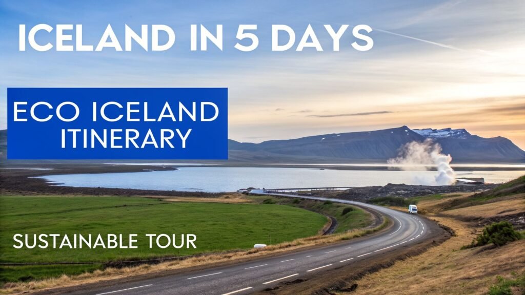 Iceland in 5 days eco itinerary showing a scenic road, coastal landscape, and geothermal steam for a sustainable Iceland tour.