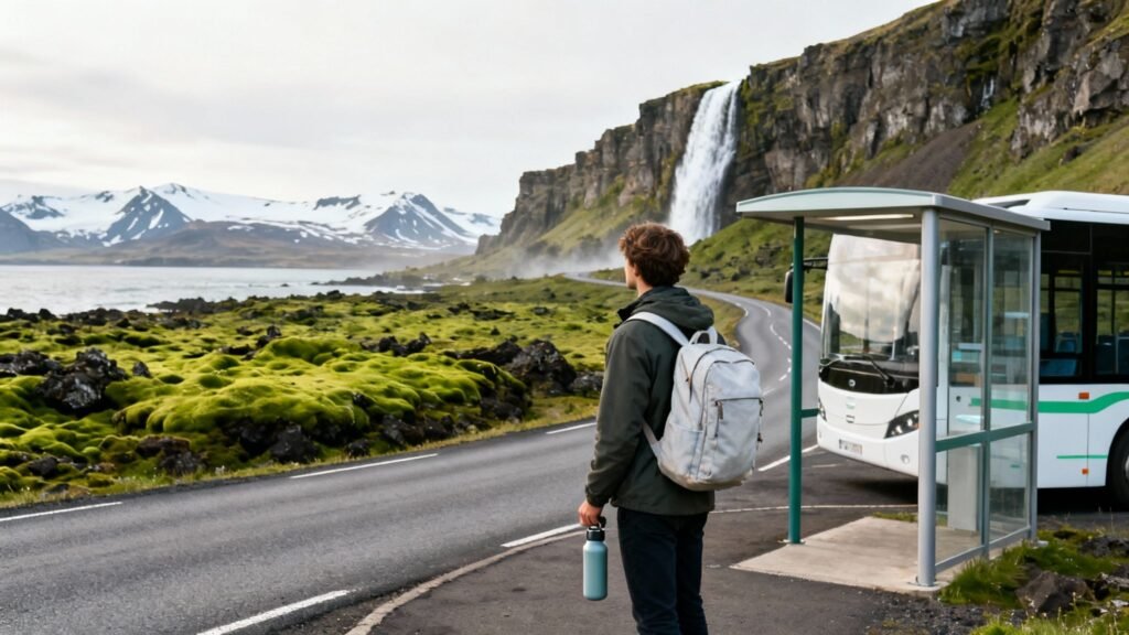 A traveler with a backpack and reusable water bottle waits at a rural bus stop near a waterfall on an Iceland in five days itinerary.