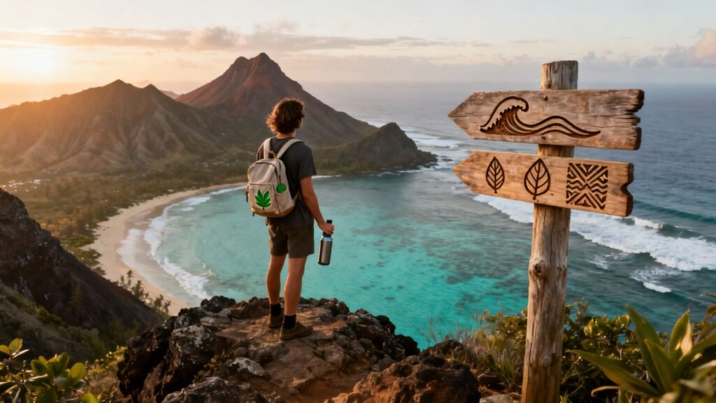 Is it ethical to travel to hawaii right now? A traveler overlooks a Hawaiian coastline at sunrise beside a wooden sign, reflecting on responsible tourism.