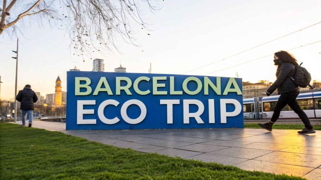 itinerary barcelona 4 days concept shown on a Barcelona eco trip sign near a tram line with pedestrians walking at sunset