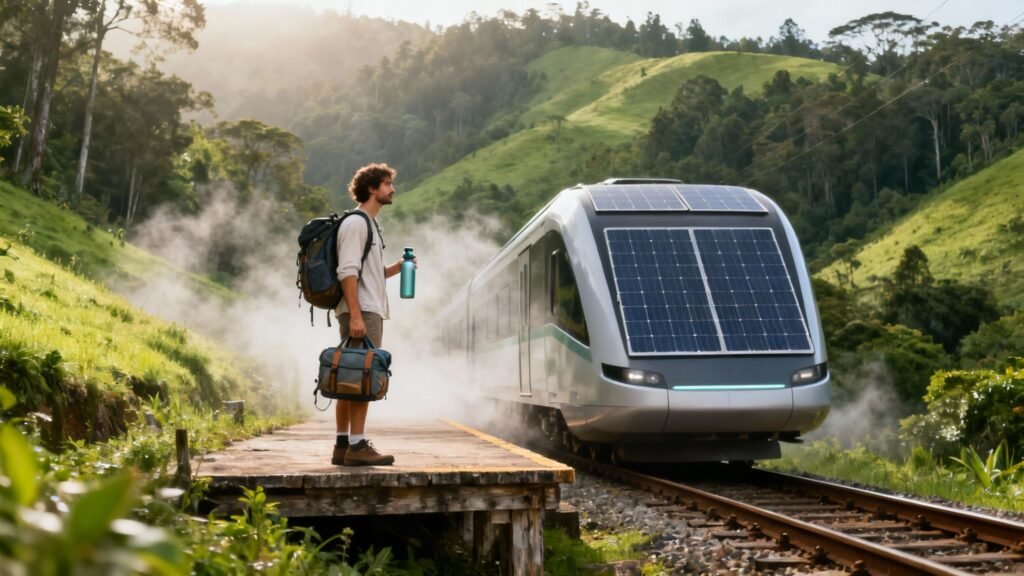 Low impact travel by rail: a backpacker with a reusable water bottle waiting beside a solar-powered train in green hills.