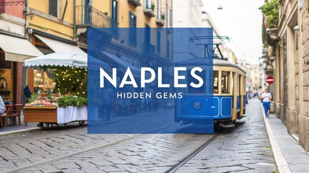 Blue tram riding through a historic Naples street with shops and pedestrians, featuring naples hidden gems.