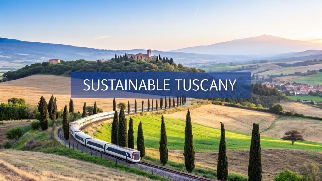 Train winding through rolling Tuscan hills with cypress trees and “Sustainable Tuscany” text, showcasing places in tuscany.