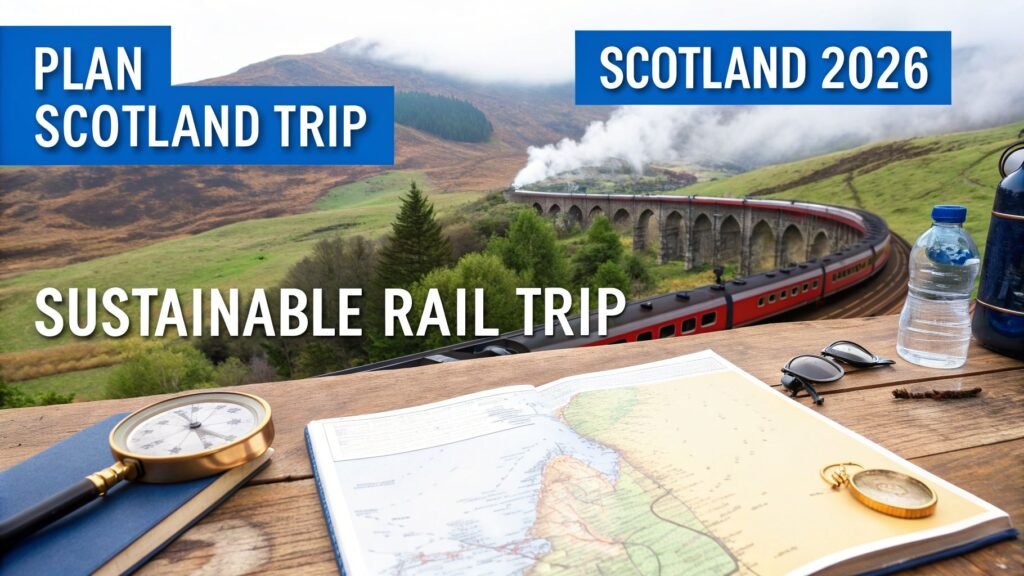 Map and travel gear on a table overlooking a train crossing a viaduct in the Highlands, illustrating plan trip to Scotland for a sustainable rail trip.