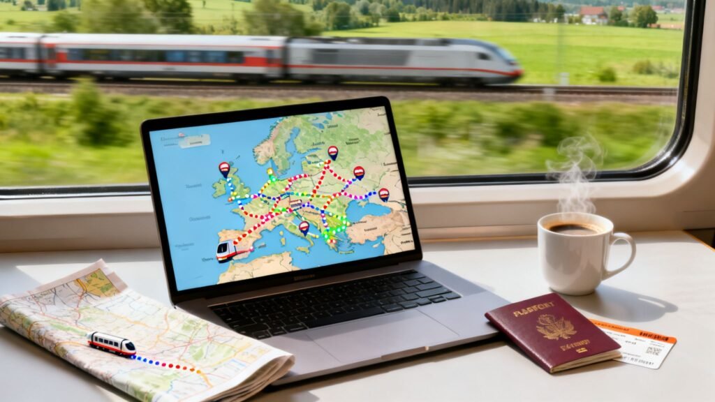 Rail journey planner Europe on a laptop showing a multi-city train route map, beside a passport, coffee, and a paper rail map.