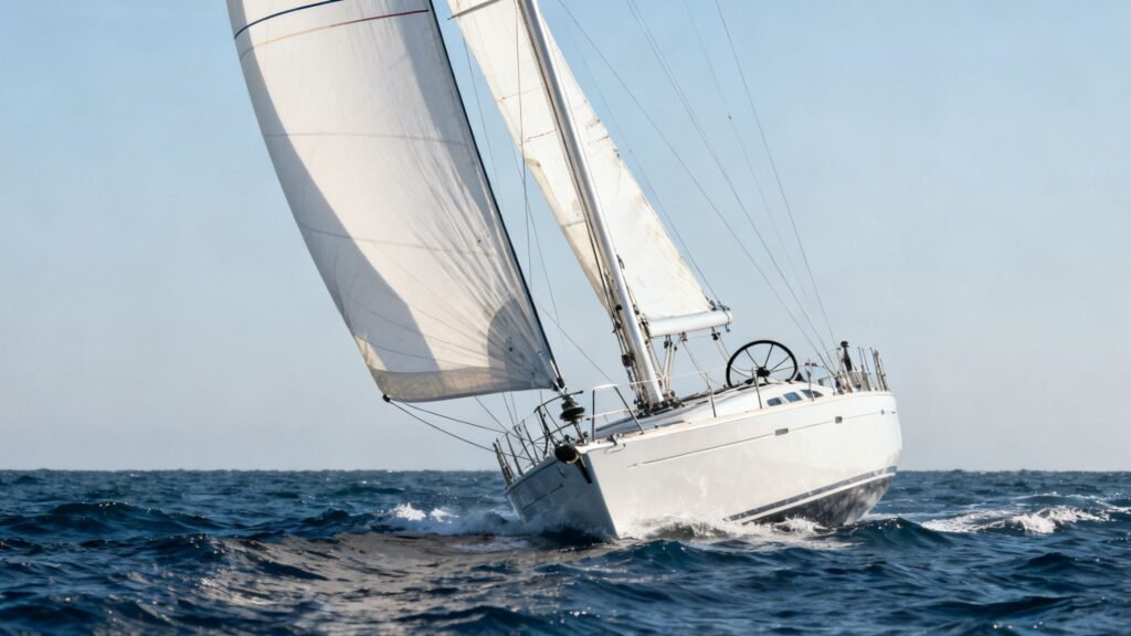 White sailboat heeling over on choppy blue water, sailing against the wind under full sails in clear daylight.
