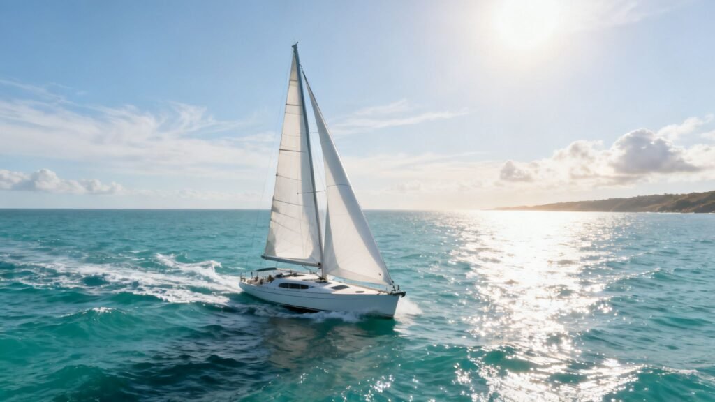 Sailing and wind in action as a modern sailboat glides across turquoise ocean water under bright sun.