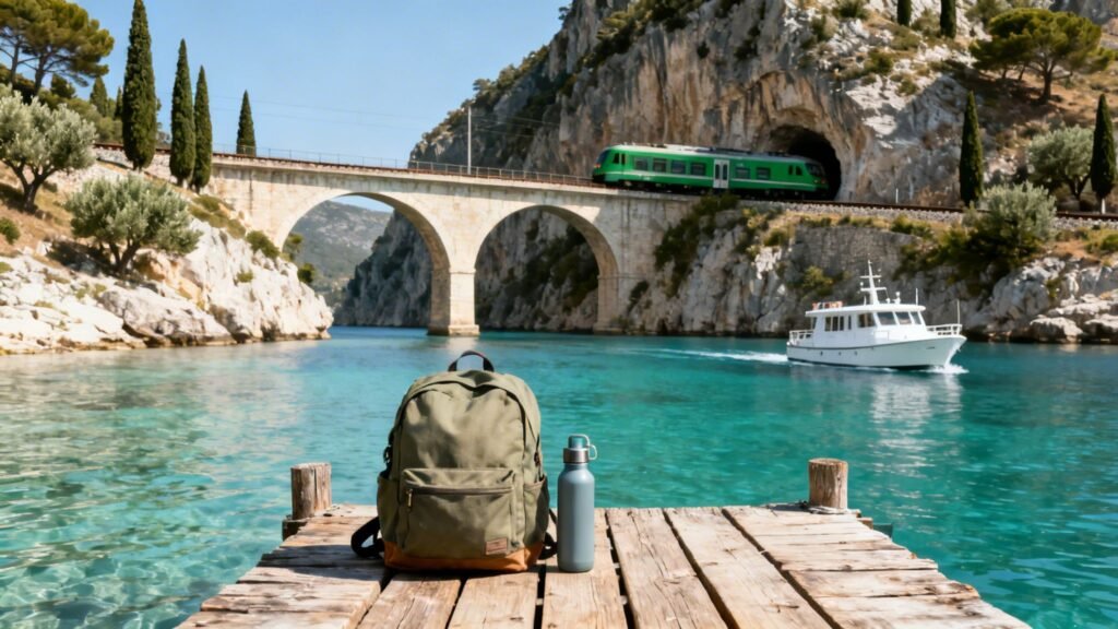 sea adriatic travel scene with a backpack on a wooden dock, turquoise water, a boat, and a green train crossing a stone bridge