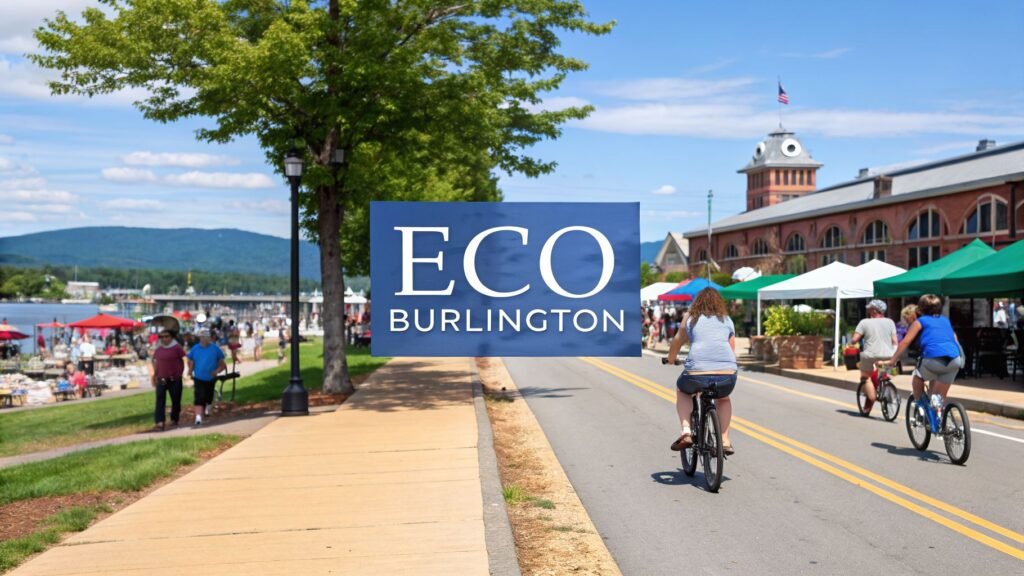 To do in Burlington VT: cyclists riding past the waterfront market stalls near Lake Champlain on a sunny day.