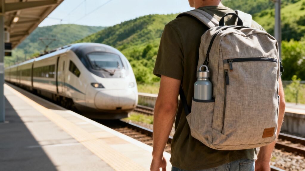 Travel eco friendly train travel with a backpacker standing on a station platform as a modern passenger train arrives, surrounded by green hills.