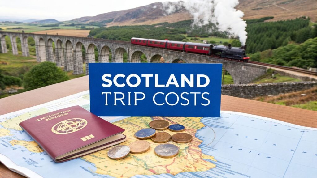 Passport, coins, and a Scotland map with a “Scotland Trip Costs” sign in front of a train crossing a viaduct, illustrating trip to Scotland cost planning.