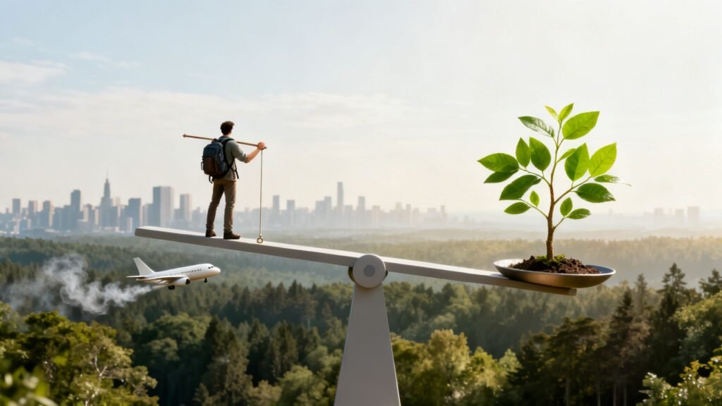 What does carbon neutral mean: a traveler on a balance scale weighing a plane’s emissions against a growing plant.