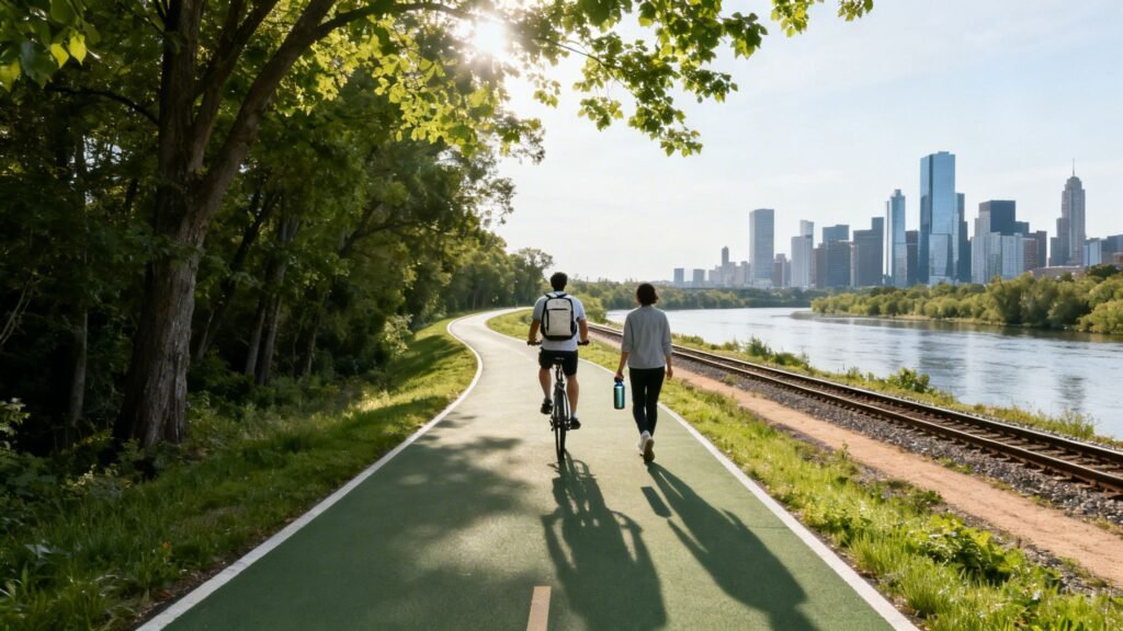 What is a greenway shown by a cyclist and a walker on a paved riverside trail beside train tracks, heading toward a city skyline.