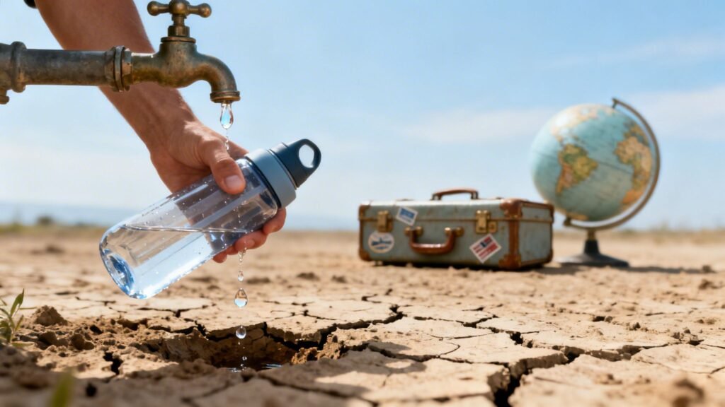 What is water waste shown by a hand refilling a reusable bottle from a dripping tap over cracked, drought-dry ground with travel gear in the background.