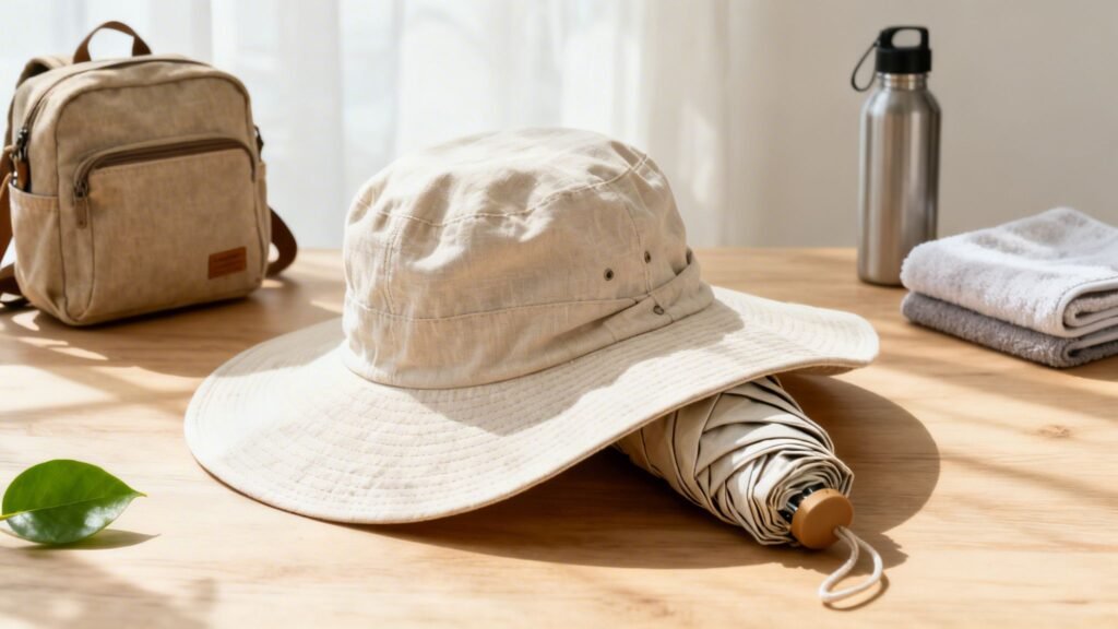 Women's collapsible sun hat on a wooden table with a packed umbrella, reusable water bottle, folded towel, and travel bag in soft natural light.