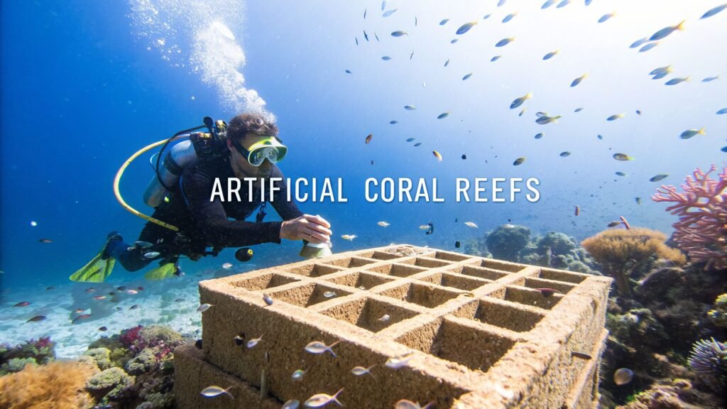 Diver installing artificial coral reefs underwater among tropical fish and existing reef structures in a clear blue ocean.