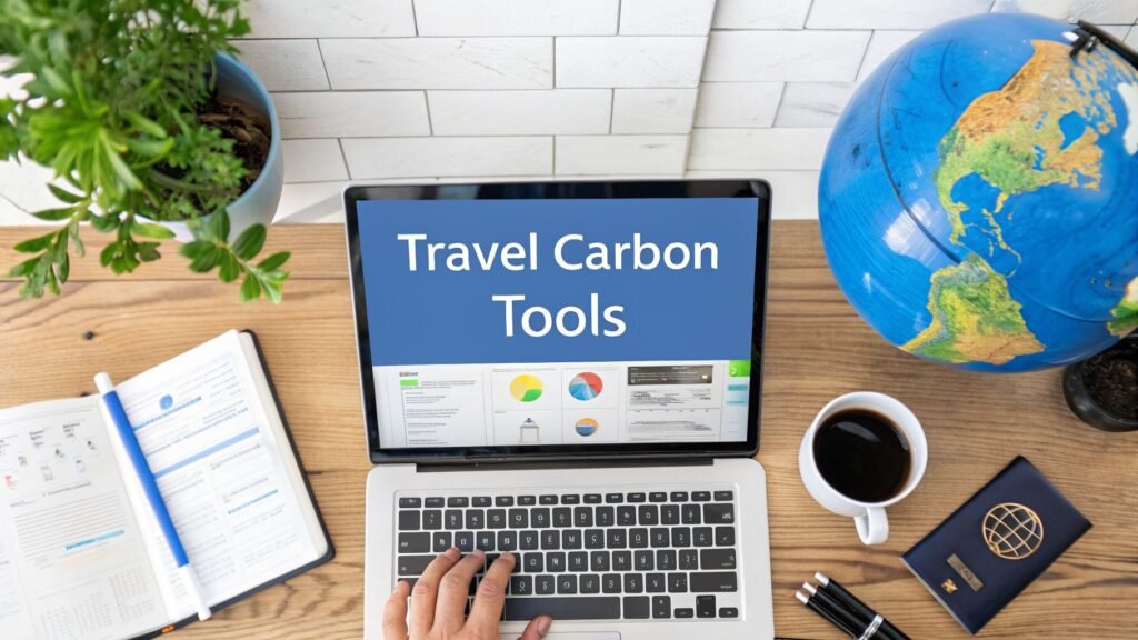 Best carbon footprint calculators on a laptop screen showing travel carbon tools with a globe, notebook, and coffee on a desk