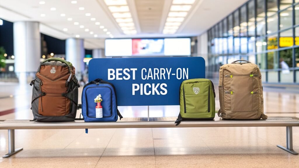 Best carry on backpacks displayed on an airport bench with travel gear ready for a flight