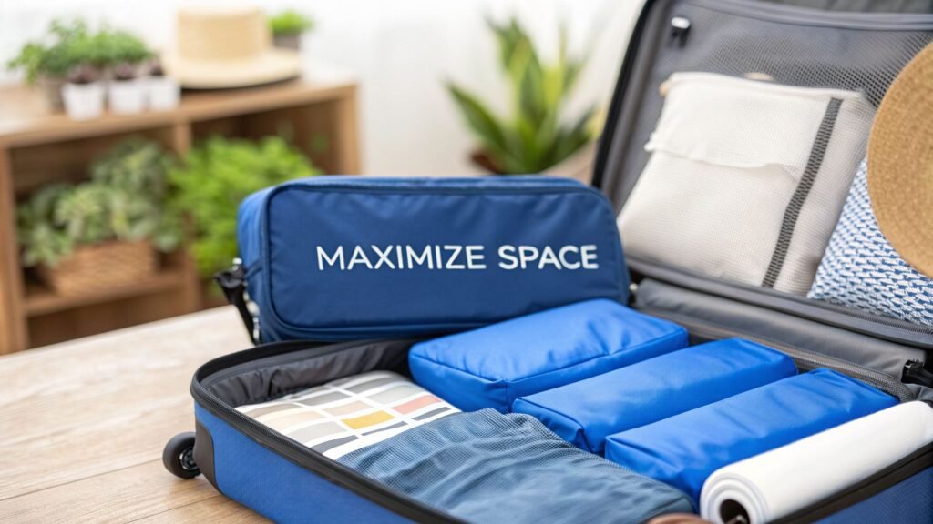 Open suitcase with neatly arranged organizers and best compression packing cubes designed to maximize space for efficient travel.