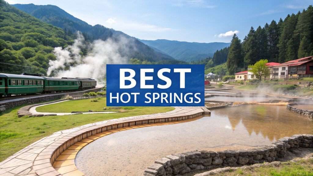 Best hot springs in a scenic mountain valley, with steaming geothermal pools beside a small town and a train passing nearby.