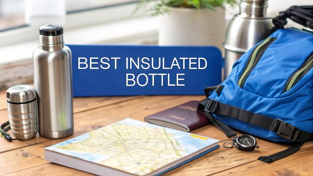 Best insulated water bottle with travel gear including backpack, passport, and map on a wooden table