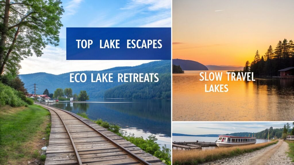 Scenic collage of peaceful lakeside landscapes, a boardwalk trail, sunset water views, and a small boat, showcasing some of the best lake vacations for eco retreats and slow travel.