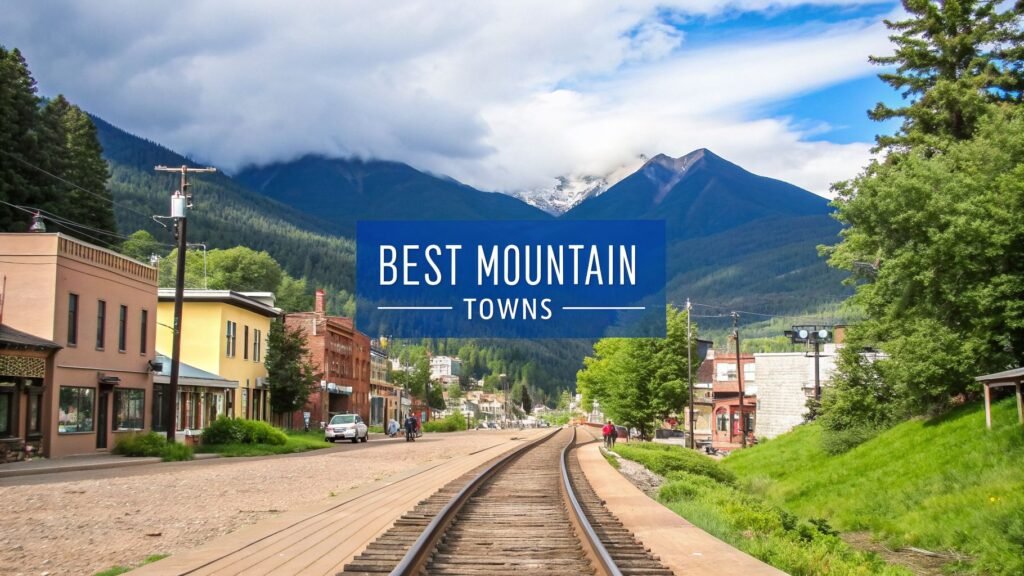 Railroad tracks running through a charming mountain main street with peaks in the background, featuring the best mountain towns for scenic stays.