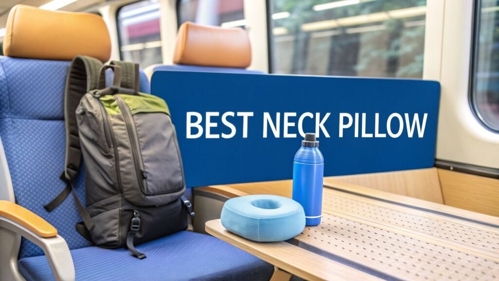 Neck pillow, backpack, and water bottle on a train seat and table, highlighting the best neck pillow for comfortable travel.