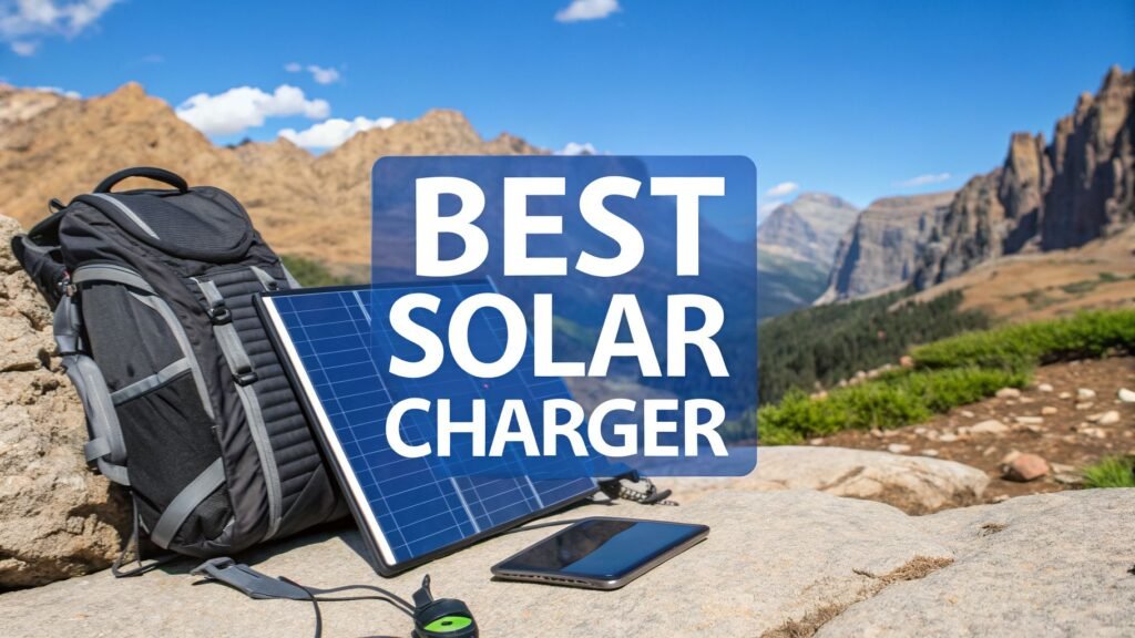 Best portable solar charger on a mountain trail with a backpack, folding solar panel, and phone charging outdoors