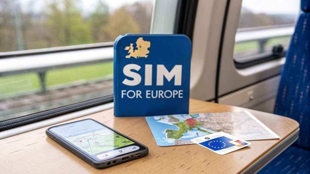 Best sim cards for Europe travel shown on a train table with a “SIM for Europe” sign, a smartphone map, and European travel maps.