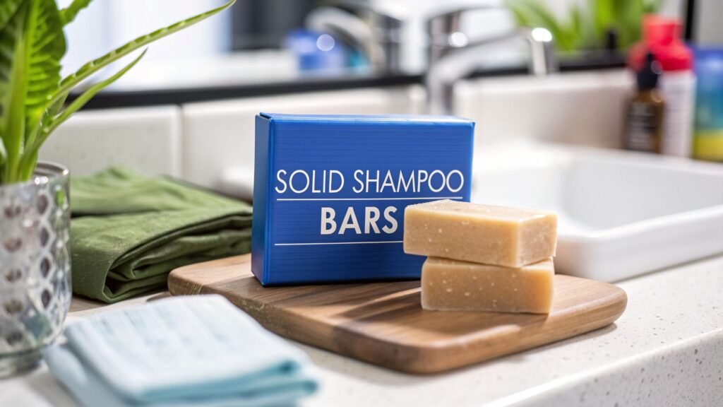 Best solid shampoo bars stacked on a wooden tray beside a sink with a “SOLID SHAMPOO BARS” box in the background