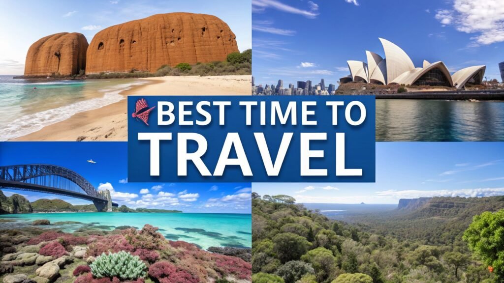 Best time of year to travel to Australia illustrated with Sydney Opera House, Sydney Harbour Bridge, Uluru, and Australian coastal landscapes