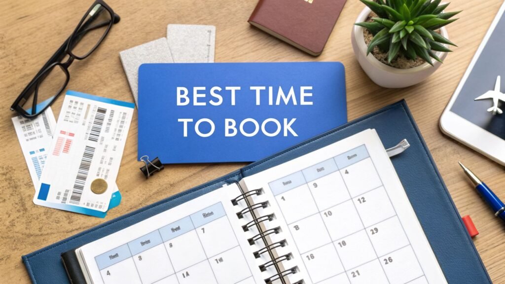 Travel planning desk with tickets, passport, calendar, and blue sign showing the best time to book a hotel