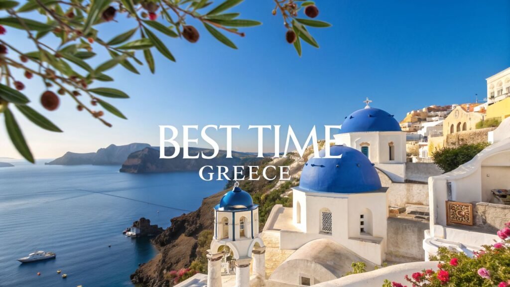 Santorini cliffside view with blue-domed churches and the Aegean Sea, showing the best time to travel to greece for iconic island scenery.