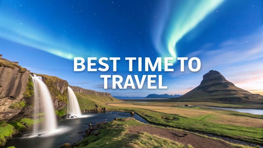 Best time to travel to Iceland shown by the Northern Lights above a dramatic waterfall and mountain landscape, with “BEST TIME TO TRAVEL” text overlay.