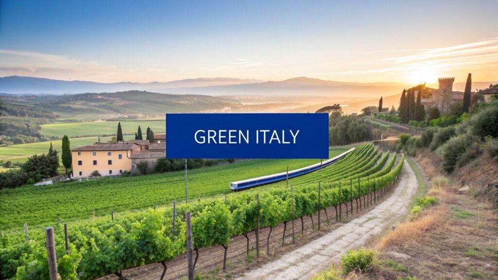 Best time to travel to Italy with a scenic vineyard landscape, rolling hills, and a train passing through the countryside at sunset
