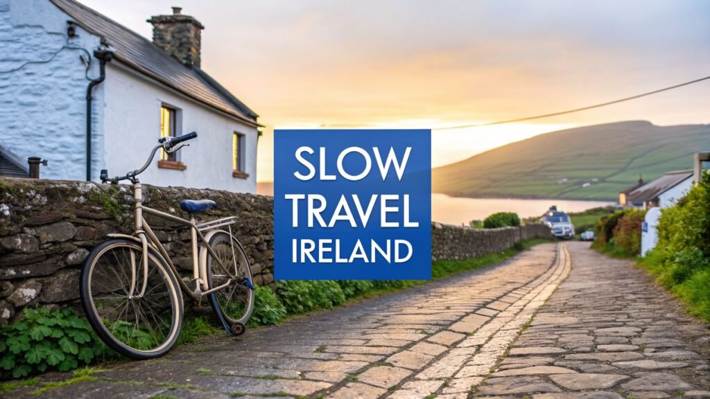 Best towns to visit in Ireland shown by a quiet village lane at sunset with a bicycle and “Slow Travel Ireland” text overlay