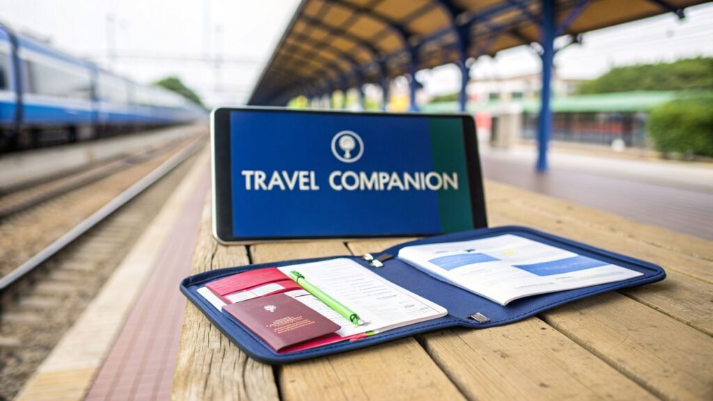 Best travel document organizer displayed on a train station bench with a passport, cards, pen, and travel companion screen in the background