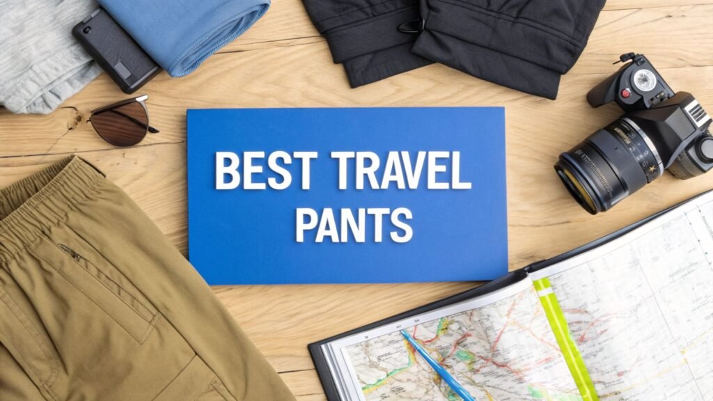 Flat lay of best travel pants with a camera, map, sunglasses, phone, and folded clothing on a wooden floor.