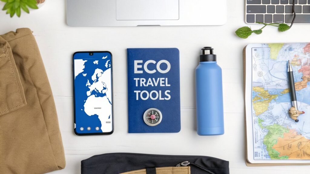 Best travel planning tools shown in a flat lay with an “Eco Travel Tools” notebook, smartphone map, reusable water bottle, and paper map for trip planning.