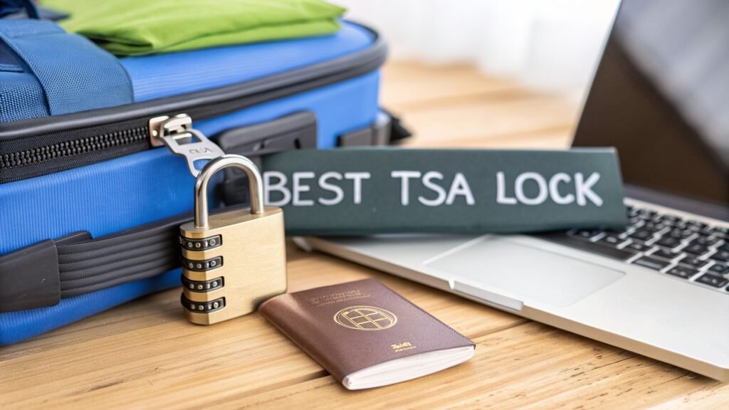 TSA combination lock attached to a suitcase beside a passport and laptop, highlighting the best tsa lock for secure travel.
