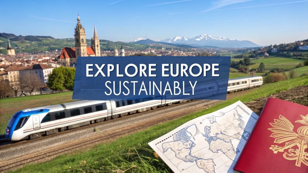 High-speed train passing through a scenic European landscape near a historic town, showing the best ways to travel Europe sustainably.