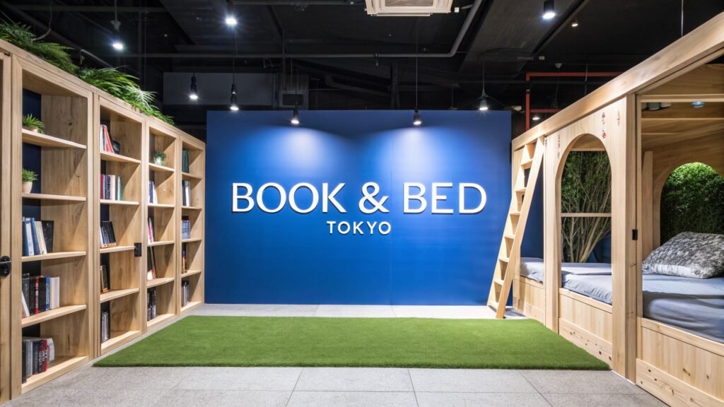 Cozy hostel-style interior with bookshelves and sleeping pods, showcasing the unique atmosphere of book and bed hotel tokyo.