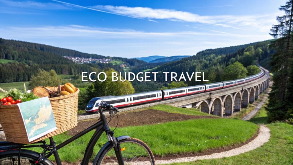 Cheapest countries in Europe eco budget travel scene with a train crossing a viaduct and a bicycle with a market basket