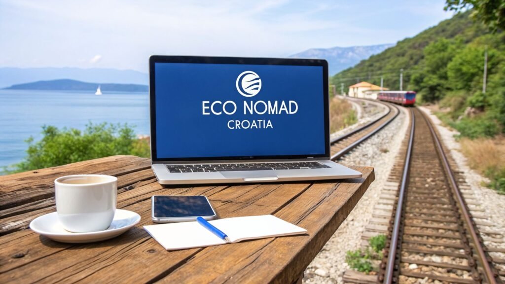 nomad workspace in Croatia with a laptop on a seaside table beside railway tracks, highlighting rail travel and remote work by the Adriatic coast