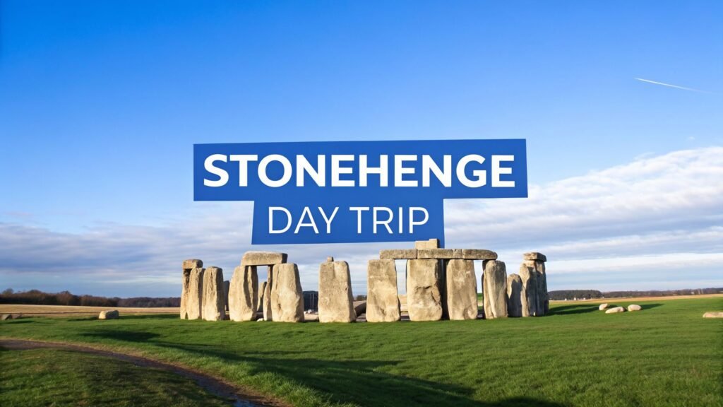 : Stonehenge standing in an open green field under a blue sky, representing a classic day trip london stonehenge experience.